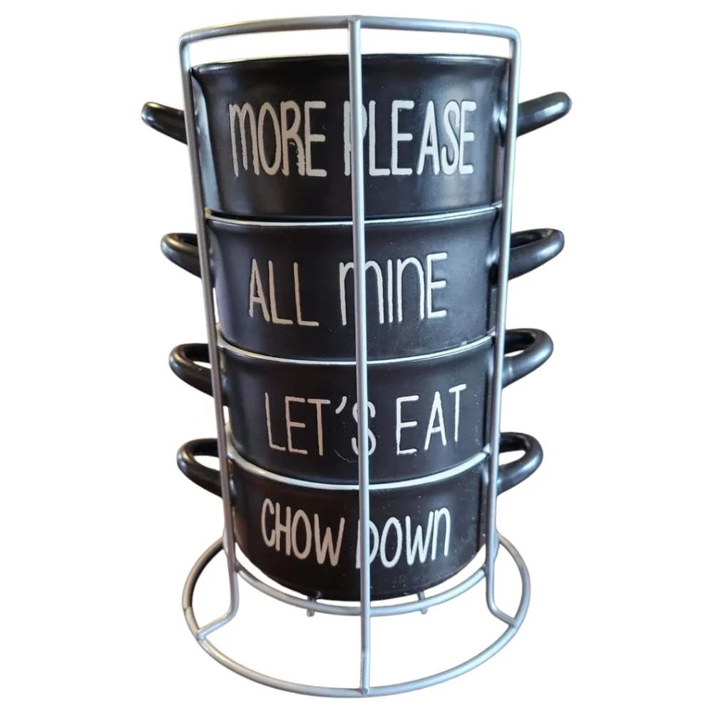 Vtg Boston Warehouse 4 Handled Black Souper Bowls White Script With Metal Rack